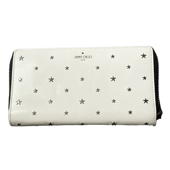 Jimmy Choo Zip Around Long Wallet Carnaby White Leather Silver Studded Stars